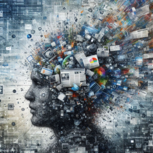 A picture of a human head being bombarded by information to illustrate designing for neurodivergence and ADHD. Image by Dall-E 3.